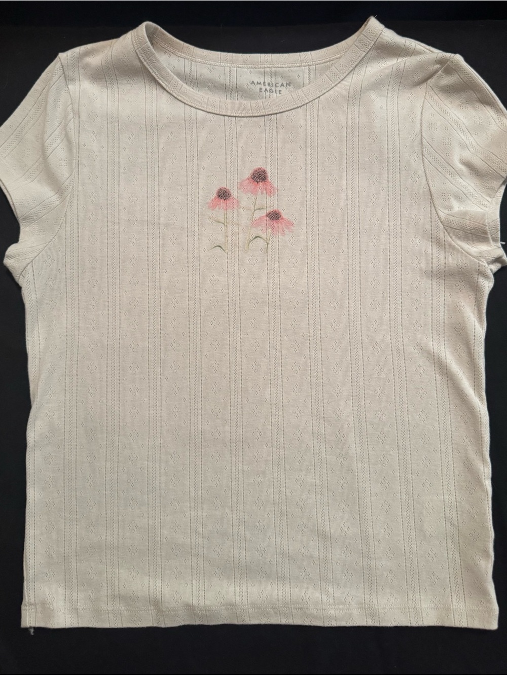 American Eagle Outfitters Cream Short Sleeve Tee with Pink Floral Detail